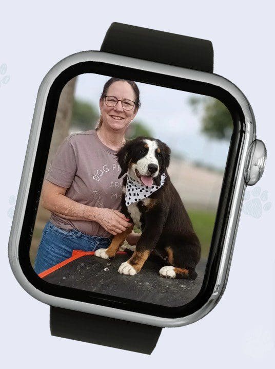 A woman and her dog are shown on the apple watch.