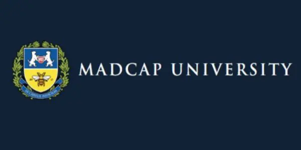 A blue background with the words madcap university in white letters.