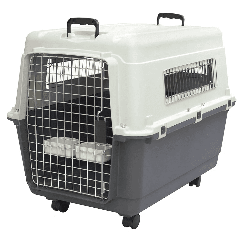 A large dog crate on wheels with two doors.