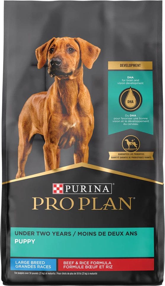 A bag of purina pro plan dog food.