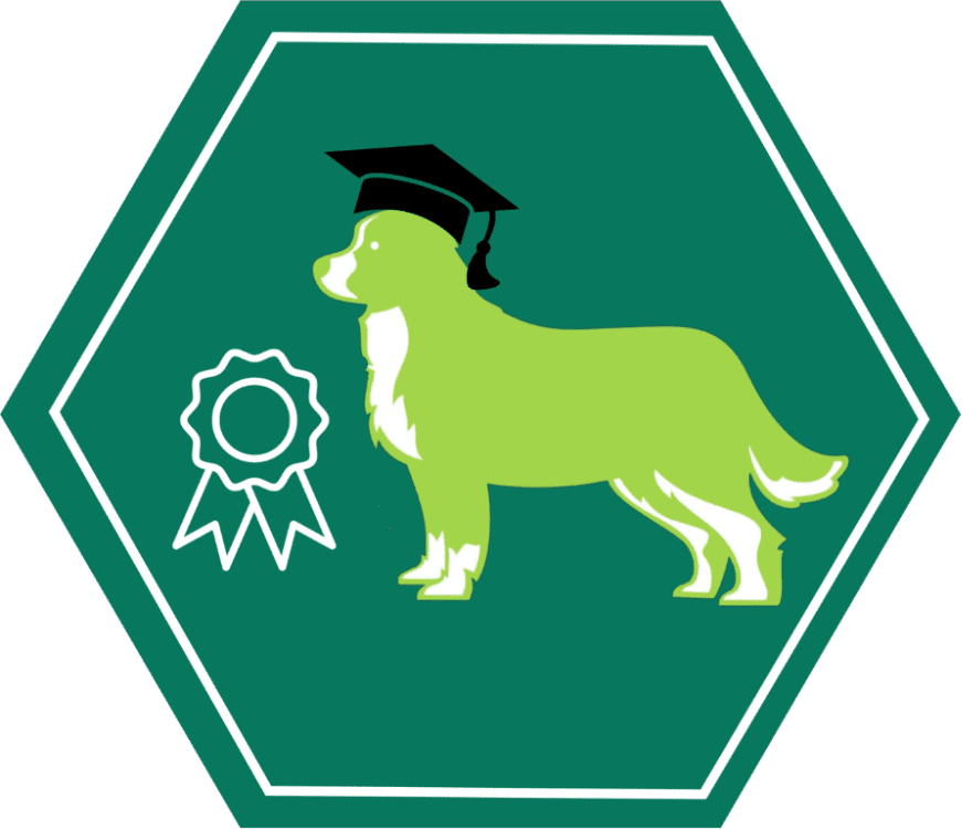 A green badge with a dog wearing a graduation cap.